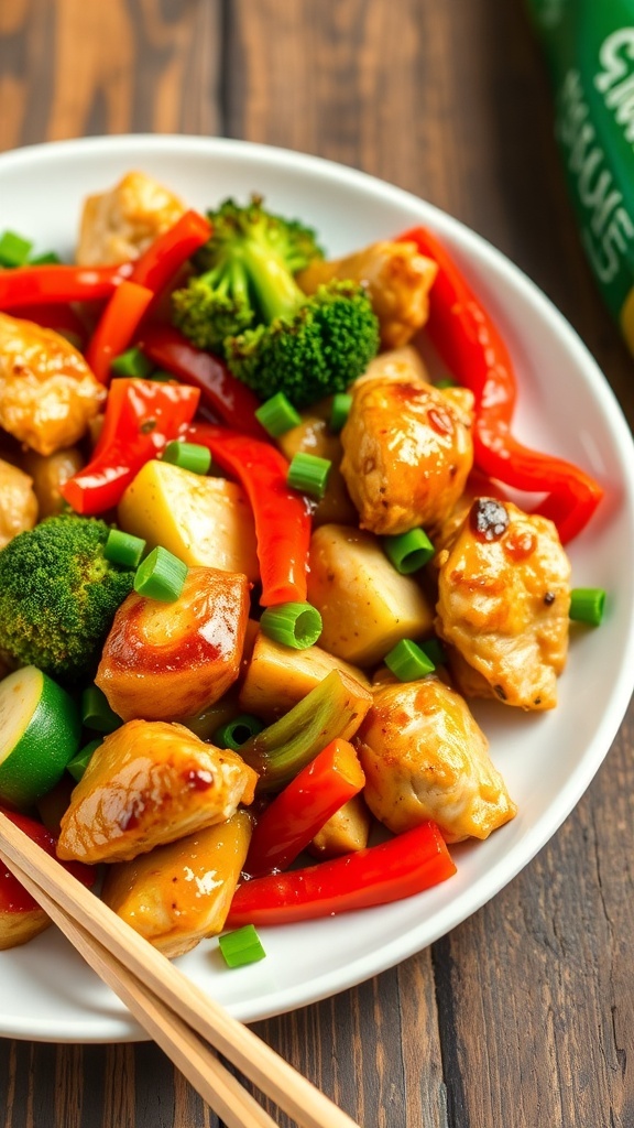 Low carb chicken stir-fry with bell peppers, broccoli, zucchini on a white plate, garnished with green onions.